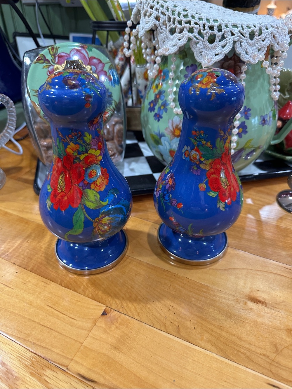MacKenzie-Childs Blue Lapis Floral enamel Salt and Pepper Shakers